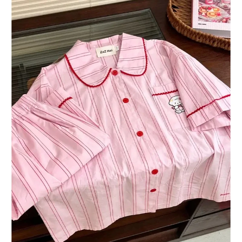 Sleep Password【粉色条纹小羊三件套】潮牌短袖短裤长裤三件套睡衣