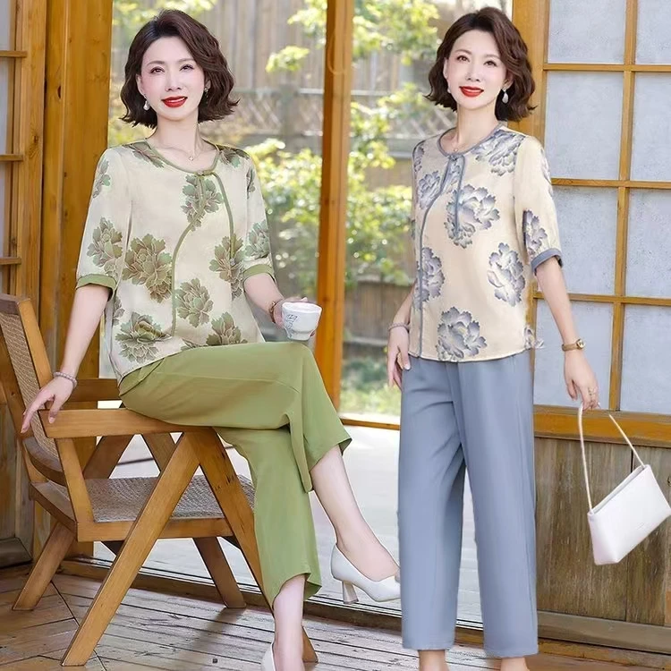 10120-夏季新款妈妈洋气短袖中年女装时尚新中式套装【姚家村25号】