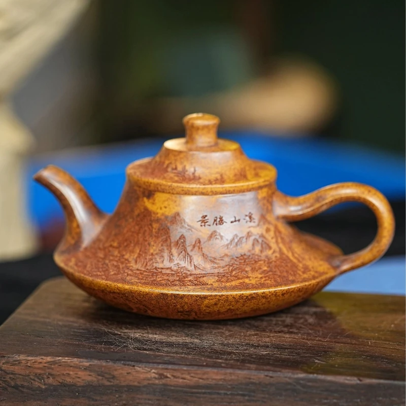 【2731三足云炉壶】宜兴原矿紫砂手工刻绘溪山紫砂壶  三足云炉壶