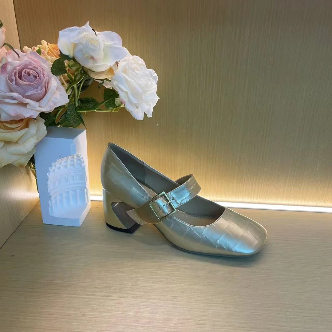 963【羽纱】金色春夏款女士方头休闲中跟纯手工单鞋C【4CM】