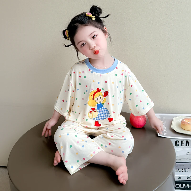 女童莫代尔睡衣夏季2025新款儿童超萌空调服女宝宝卡通圆点家居服