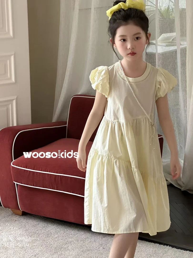 连衣裙印花裙子短袖甜美夏季女纯色女童儿童洋气时尚