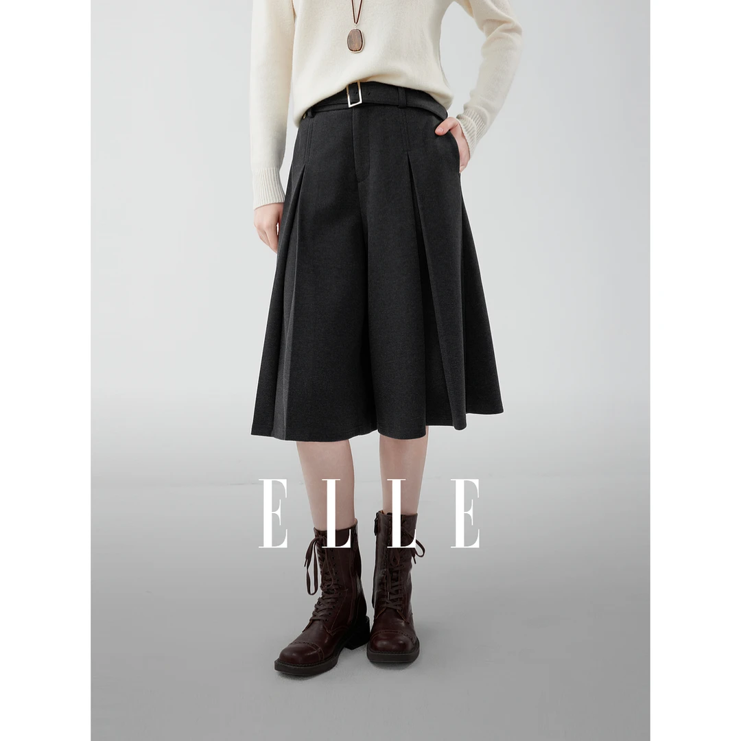 ELLE女装灰色格雷系裙裤2025秋新款腰带时髦阔腿中裤子EK52654