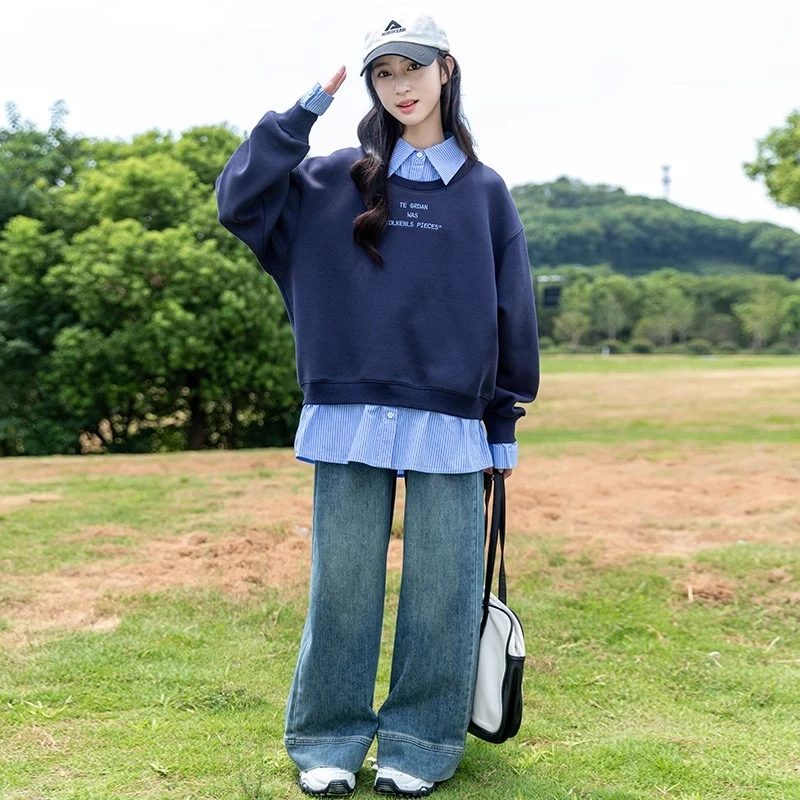 女童卫衣春秋款2025新款中大童洋气时髦假两件中大童假两件上衣潮