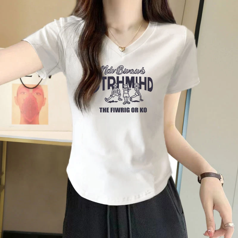 设计感小众V领套头短袖T恤女士夏季款纯欲风辣妹修身显瘦上衣ins