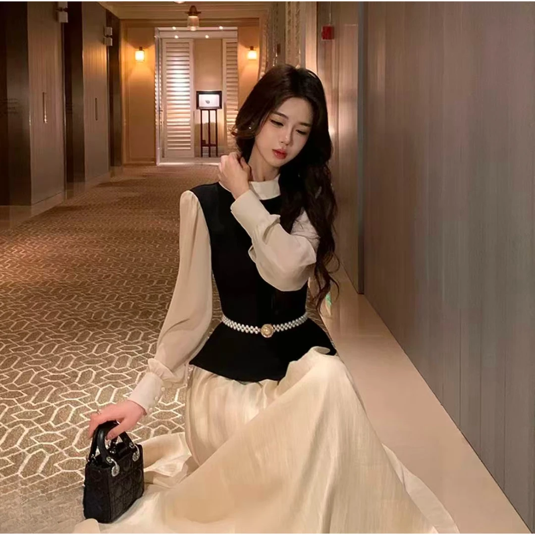 木子李的李昼夜织梦法式赫本风撞色上衣珍珠腰封垂感半裙9043楚