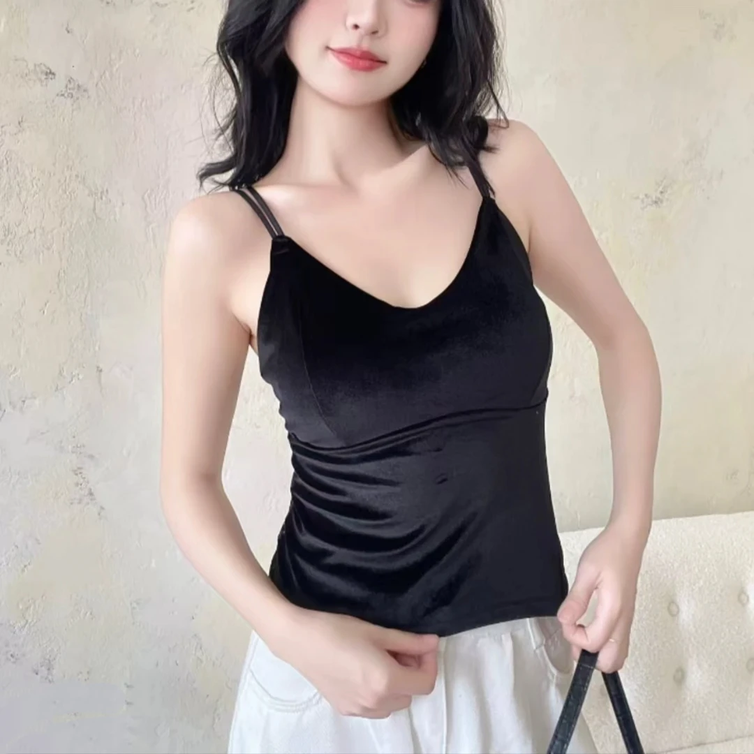 「火火家」加肥加大码丝绒性感吊带美背心蕾丝v领气质微胖弹力轻奢