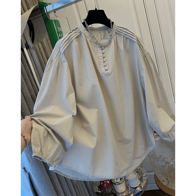 独特复古灯笼袖纽扣棉布长袖衬衫洋气宽松大版上衣女2025春装新款