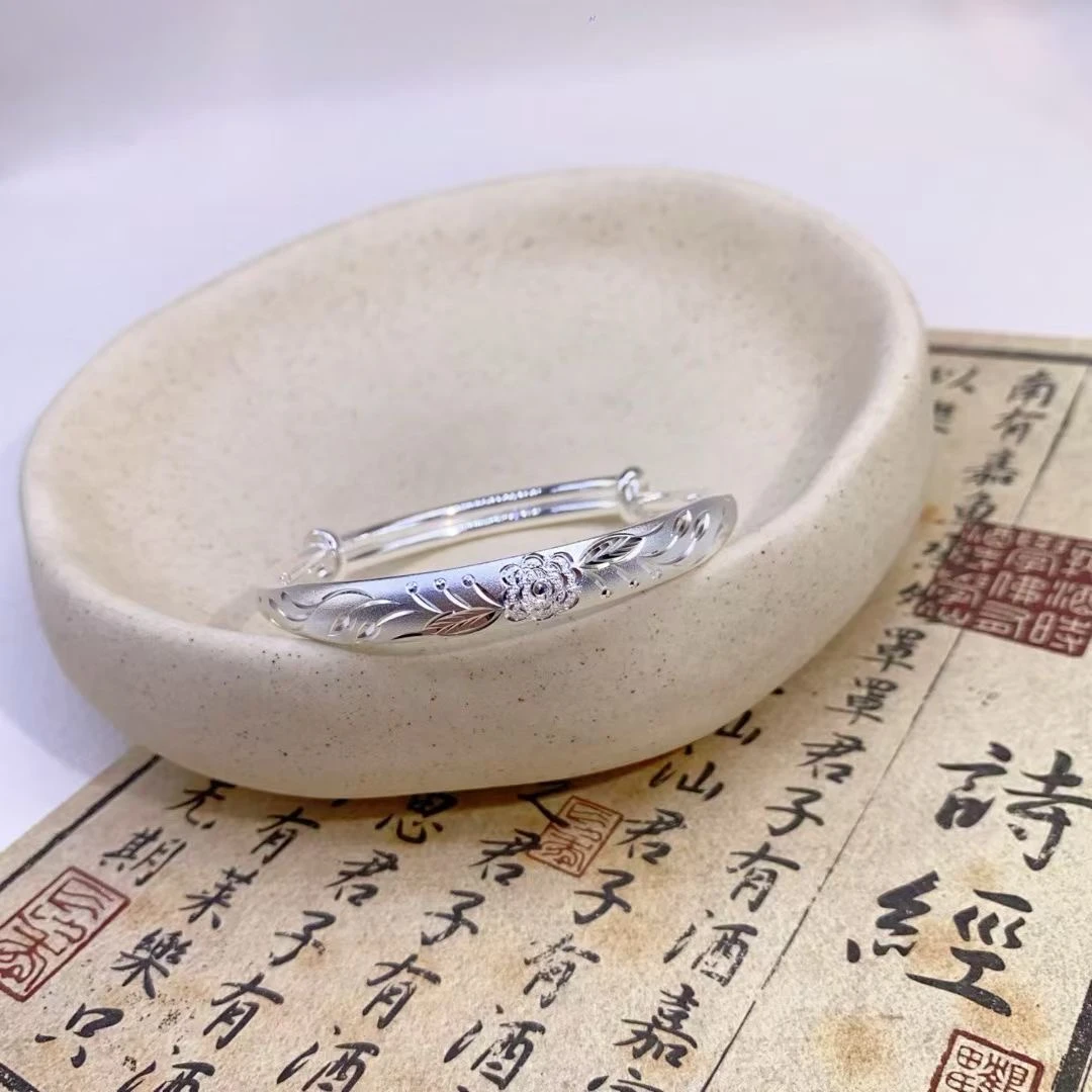 鹿怡 足银手镯 999.9牡丹车花推拉31克经典送妈妈可调节银手镯