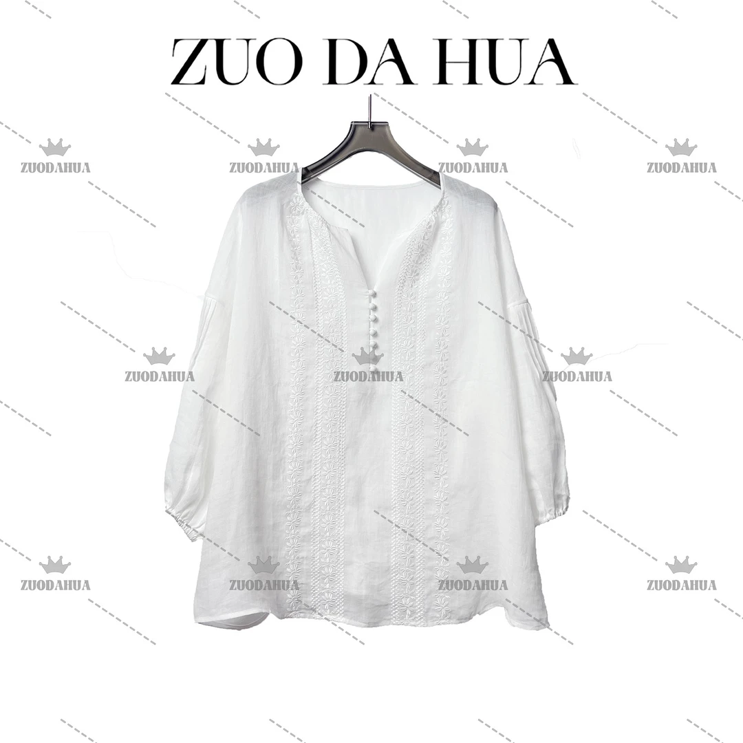 左大花 100苎麻法式刺绣白色上衣女夏季薄款舒适透气新中式衬衫