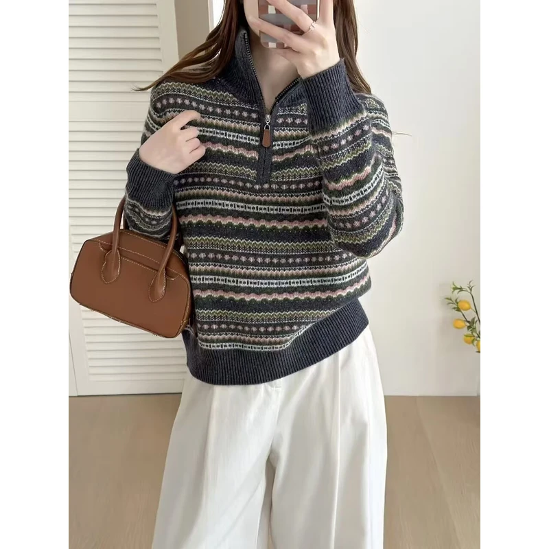 秋冬女士加厚半拉链费尔岛提花时尚洋气百搭宽松显瘦打底毛针织衫