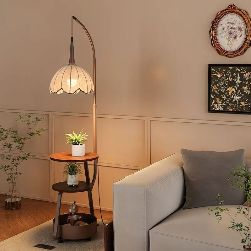 法式中古风布艺灯罩落地灯客厅沙发旁置物架高级感卧室床头柜一体