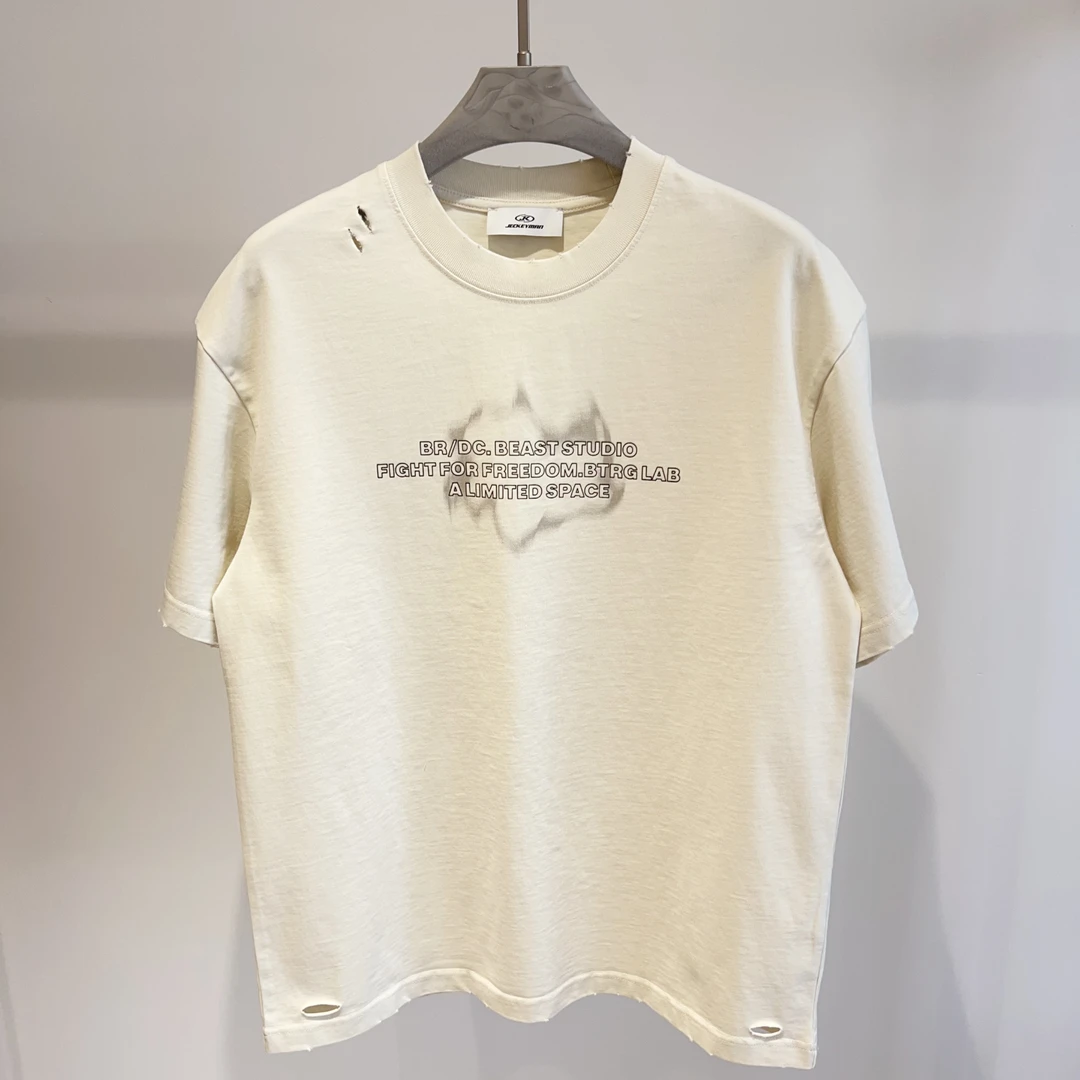 超好手感，高克重纯棉！破洞设计白色潮流男装短袖T恤宽松上衣夏季