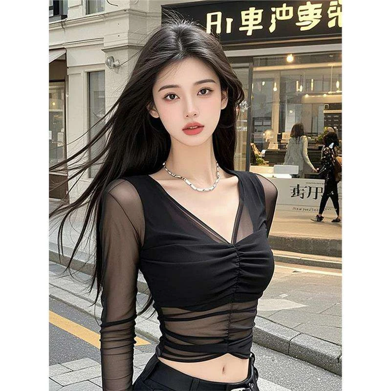 黑色V领长袖网纱短款上衣女设计感别致百搭高级感轻奢性感纯欲风T
