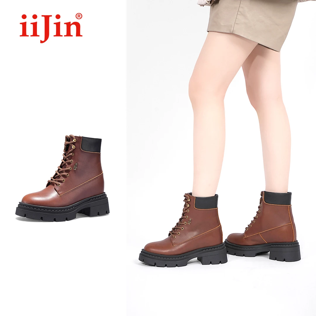 iiJin艾今24冬新品9.5cm厚底内增高复古工装短筒马丁靴子女774NNC