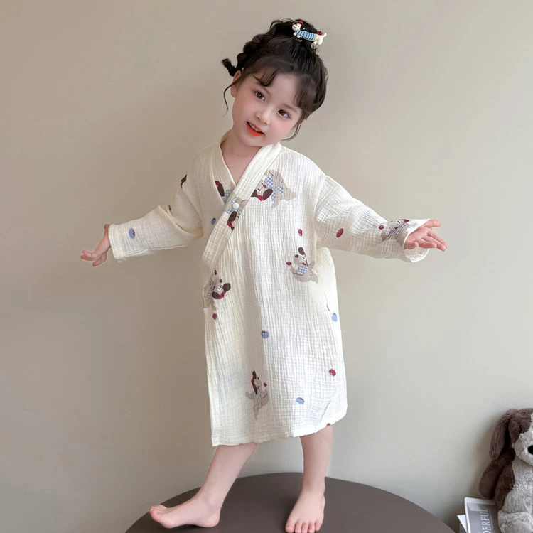 可爱宝宝睡袍A类全棉春秋装婴儿日式浴袍儿童纱布睡衣女童家居服1