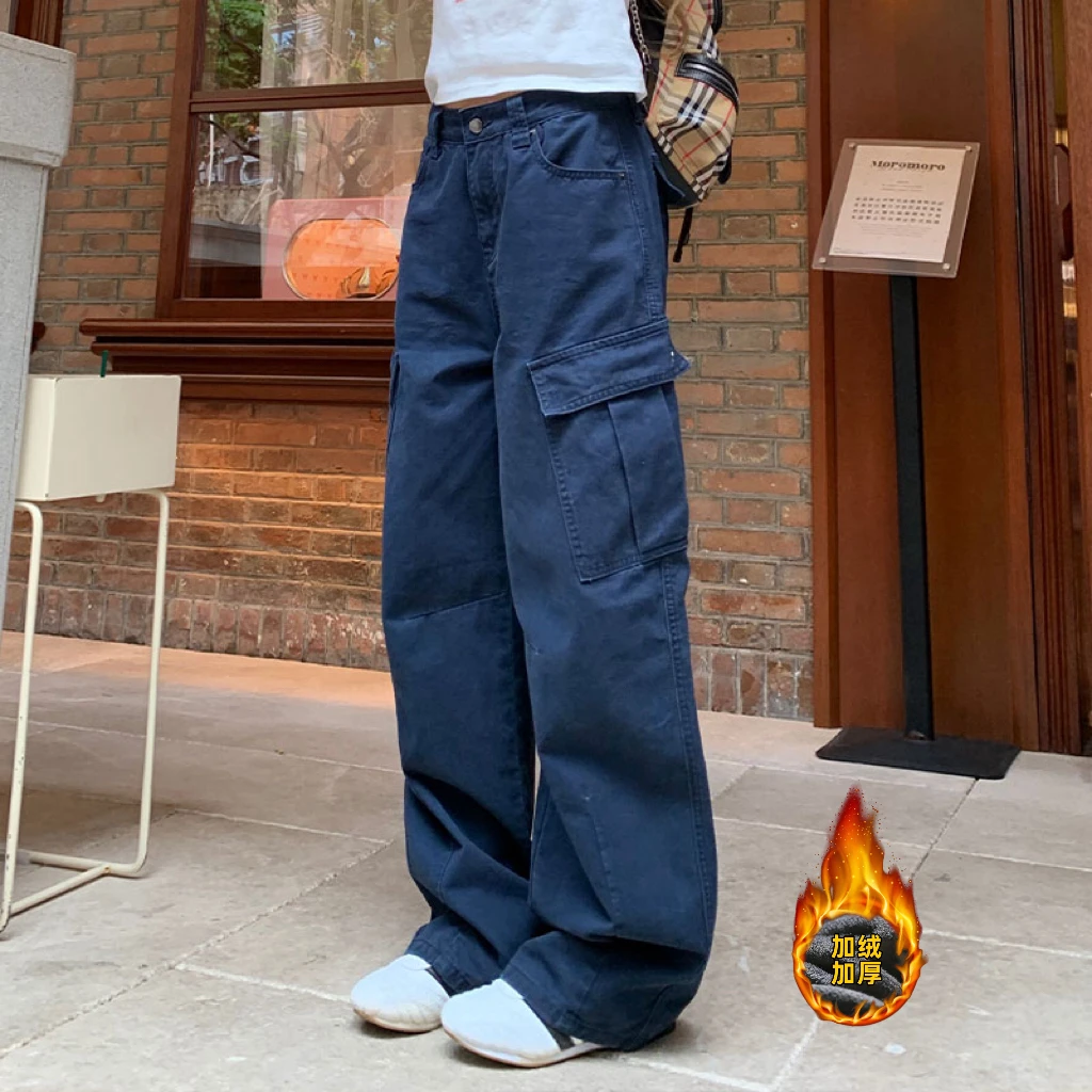秋冬美式复古工装裤藏青色直筒宽松百搭休闲裤男女显瘦裤子