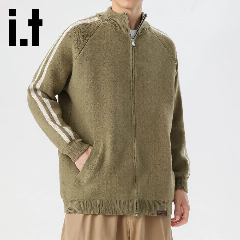 it:CHOCOOLATE双条纹简约针织毛衣秋冬百搭休闲宽松拉链外套上衣