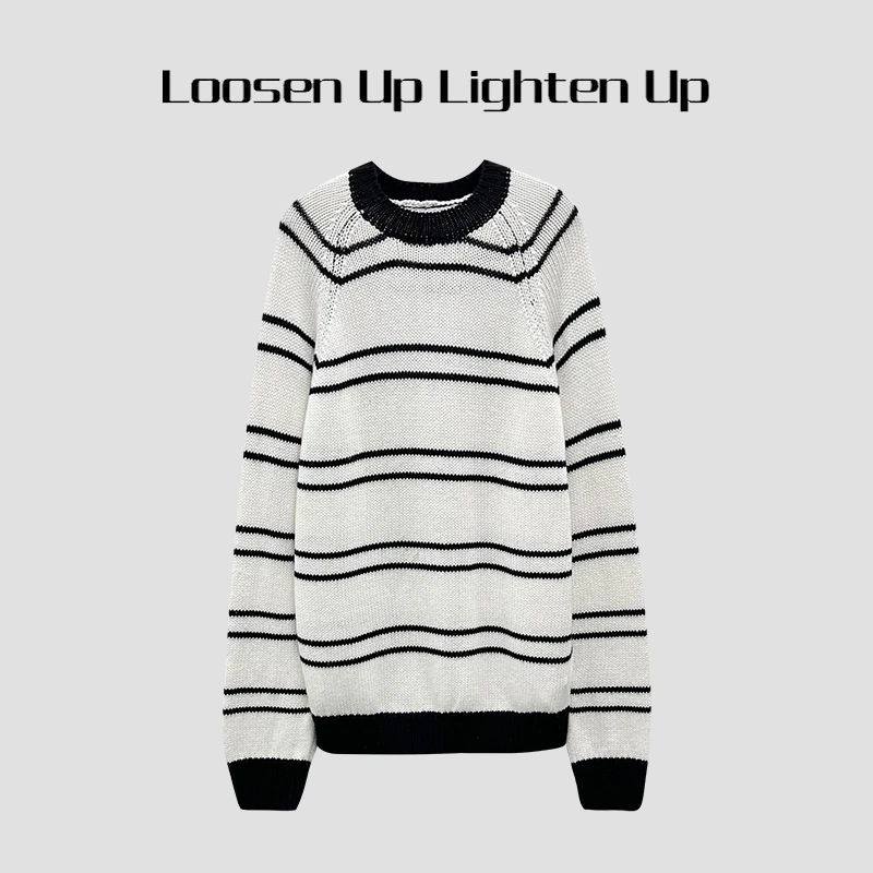 Loosen Up【黑白条羊毛衫】进口重磅纱线粗棒针百搭条纹针织罩衫