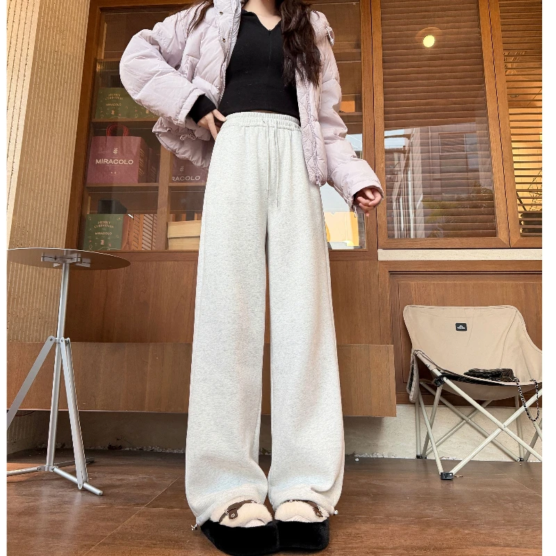 运动裤女秋冬季加绒加厚2025新款高腰直筒宽松阔腿裤显瘦休闲卫裤