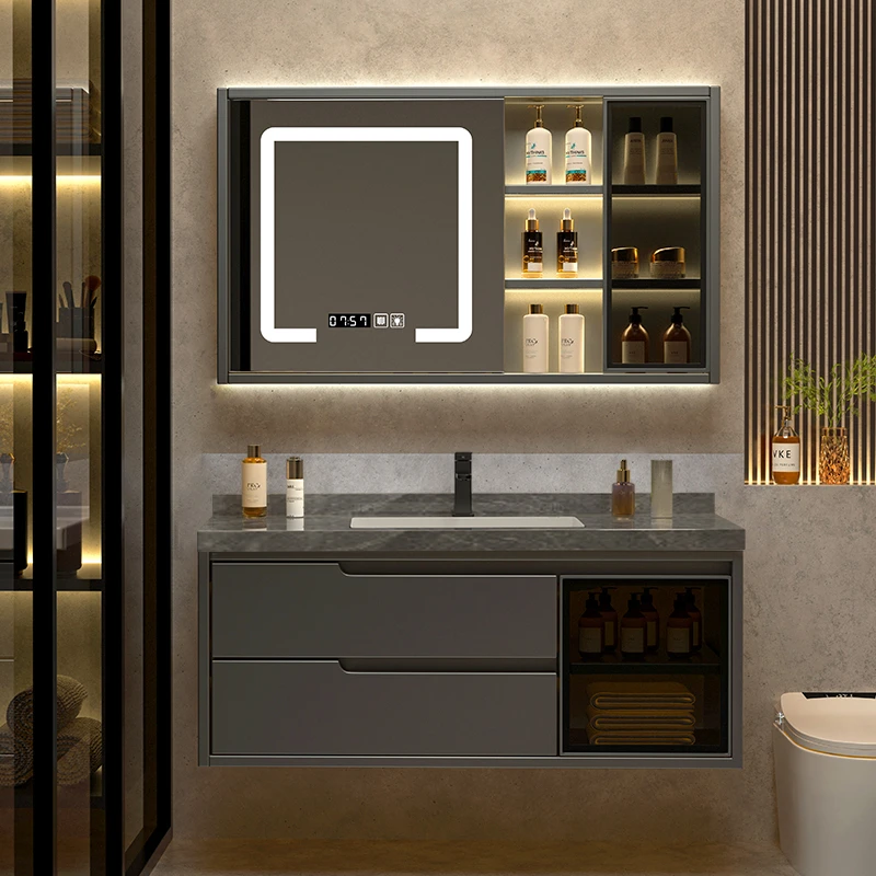 岩板无缝陶瓷一体盆浴室柜洗脸盆柜组合洗手卫生间洗漱台面镜套装