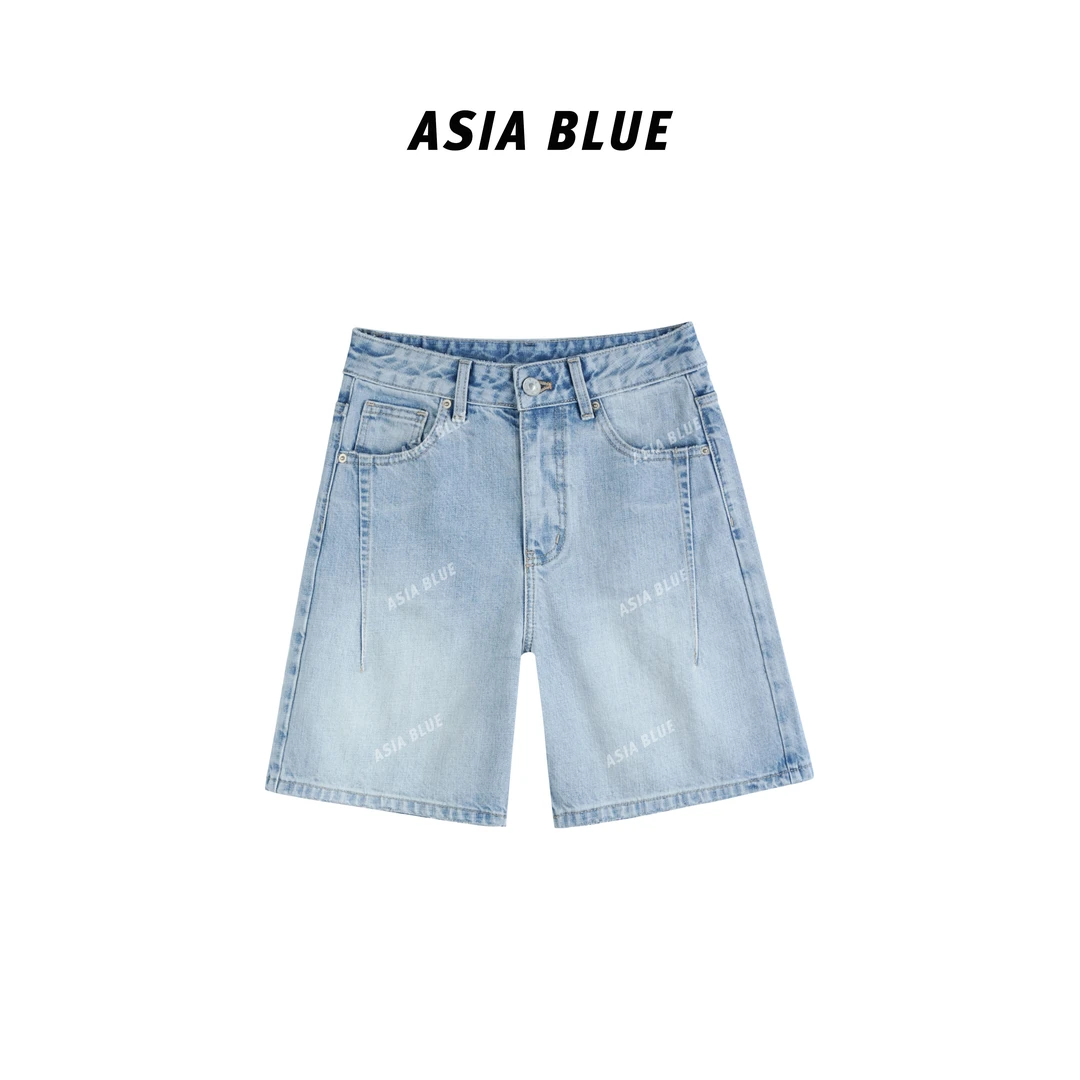 【ASIA BLUE】无弹复古宽松直筒四分A字牛仔短裤AB5371