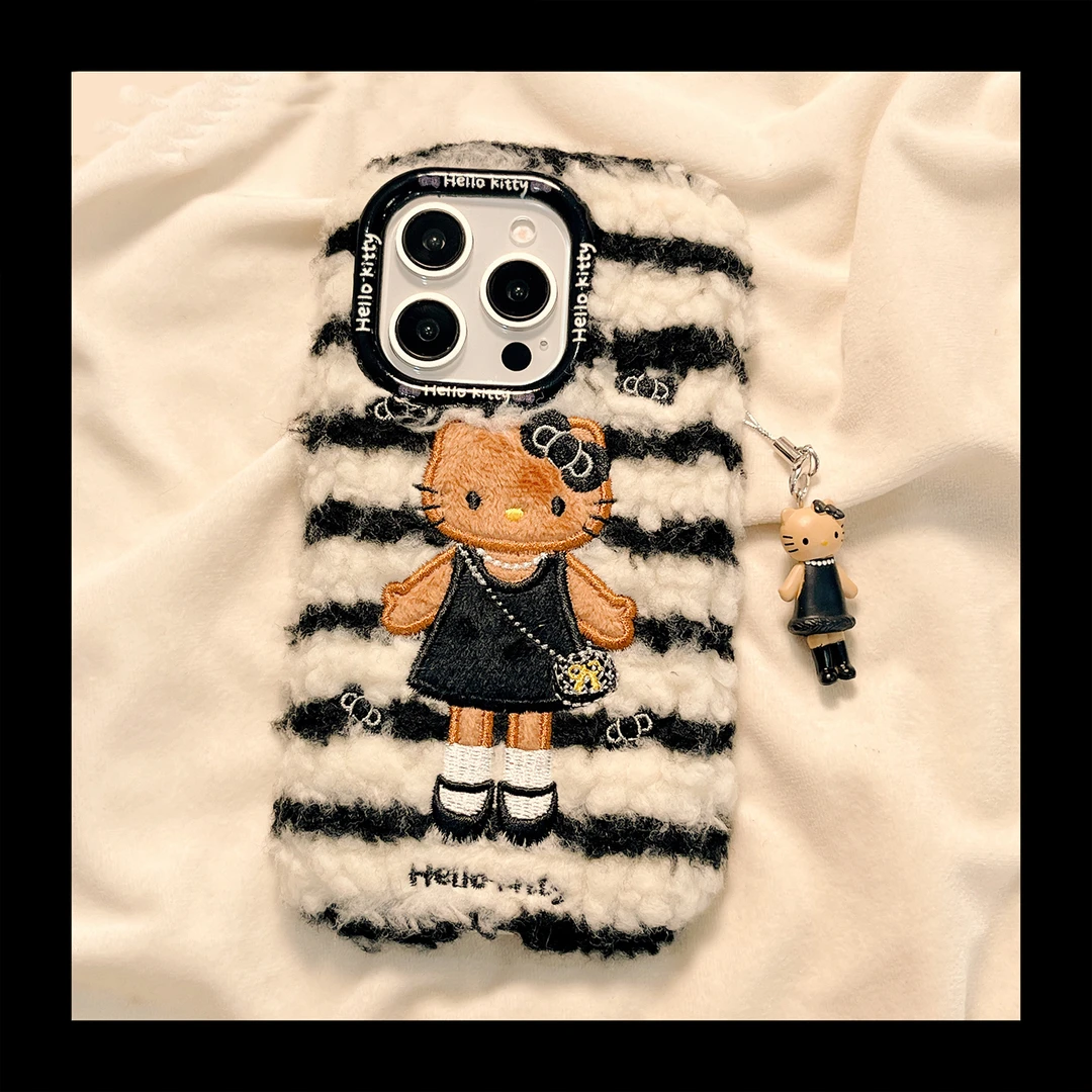 黑白横条kt猫适用iPhone17promax手机壳kt猫挂件苹果15/16秋冬女