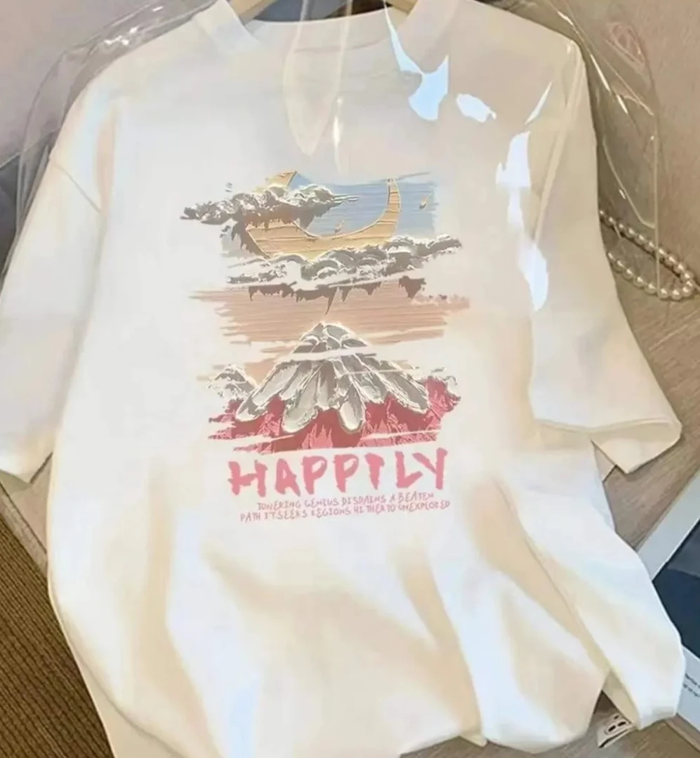 透气宽松2025夏季小众白色T恤纯棉印花休闲时尚上衣insT恤-雪山