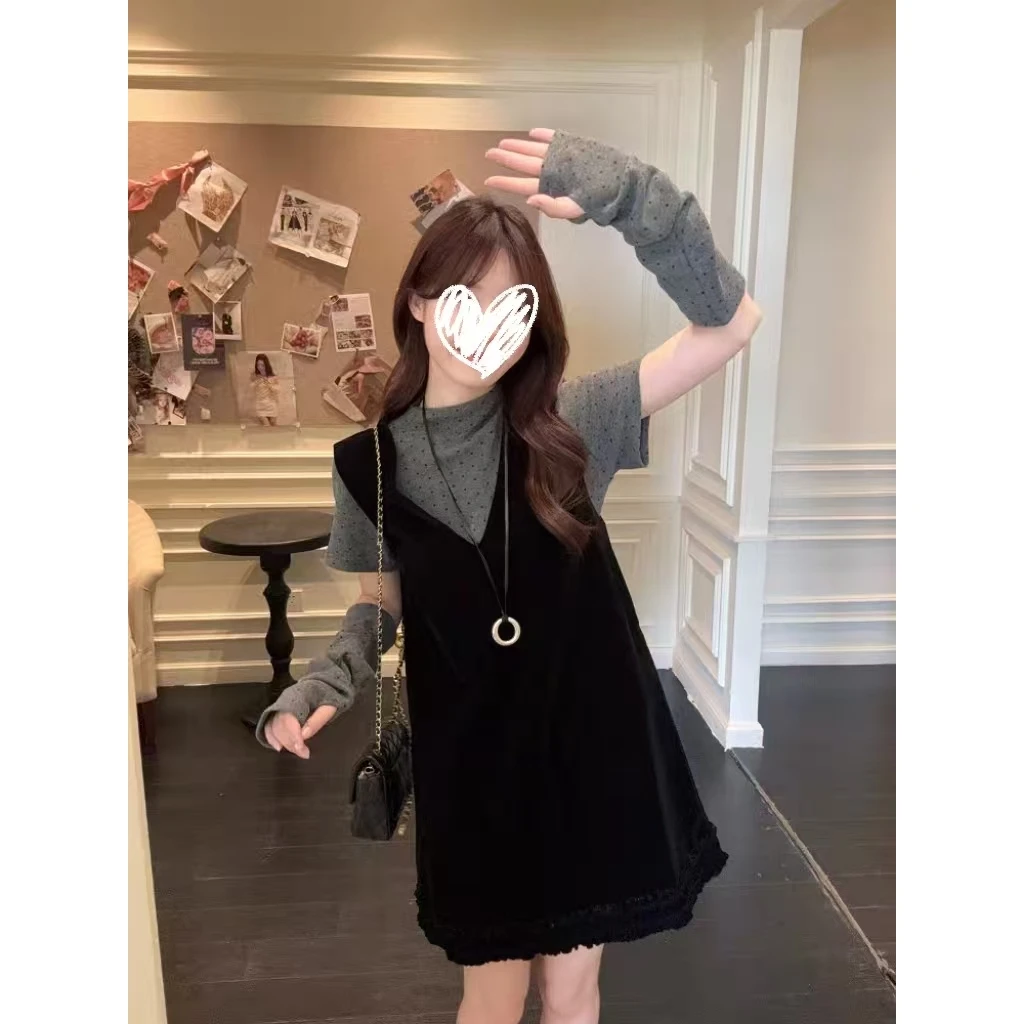 气质套装波点带套袖T恤女秋季叠穿黑色背心连衣裙两件套