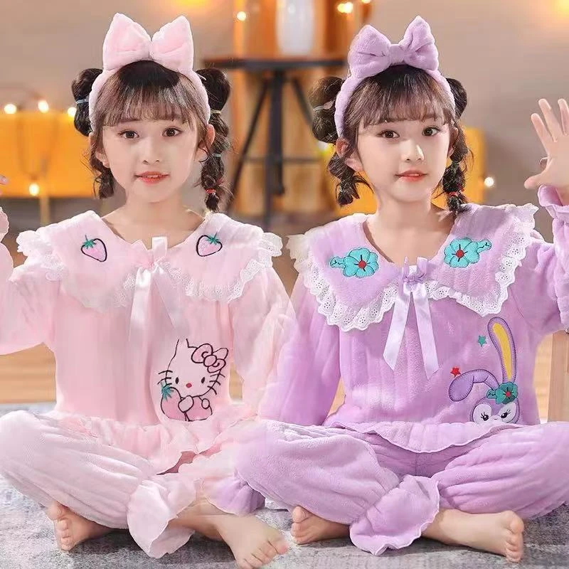 儿童睡衣女秋冬法兰绒可爱公主睡衣女童珊瑚绒儿童加厚家居服套装