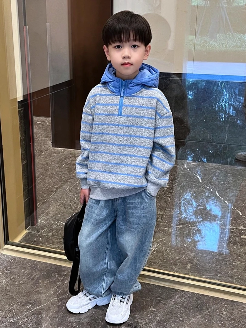 男童冬季加绒保暖条纹连帽卫衣2025新款秋冬儿童中大童小男孩上衣