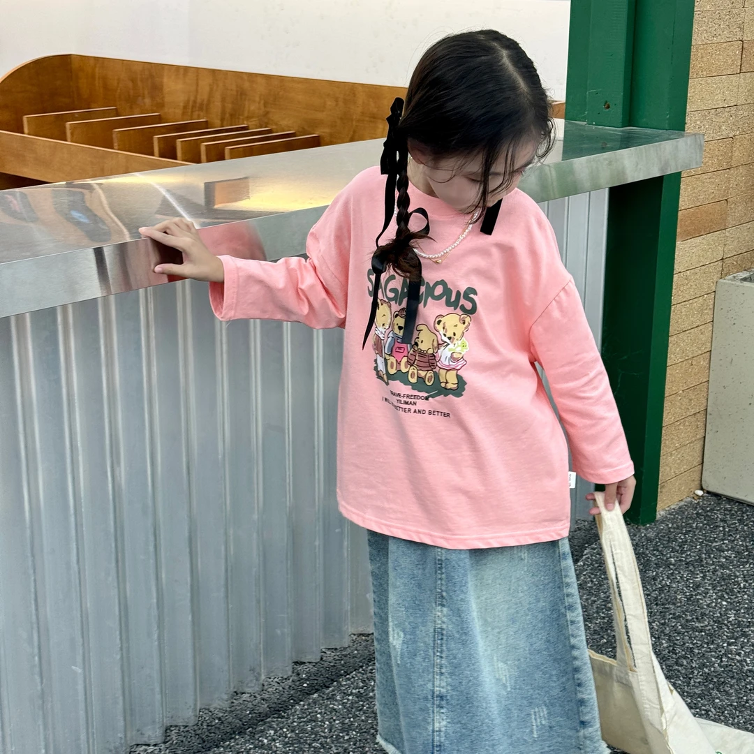 女孩时尚新款儿童春夏款纯棉T恤春秋长袖百搭宽松印花圆领插肩袖