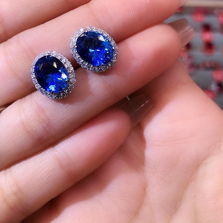 蓝宝石耳饰银S925镶嵌