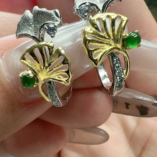 翡翠耳饰银S925镶嵌天然缅甸A货翡翠