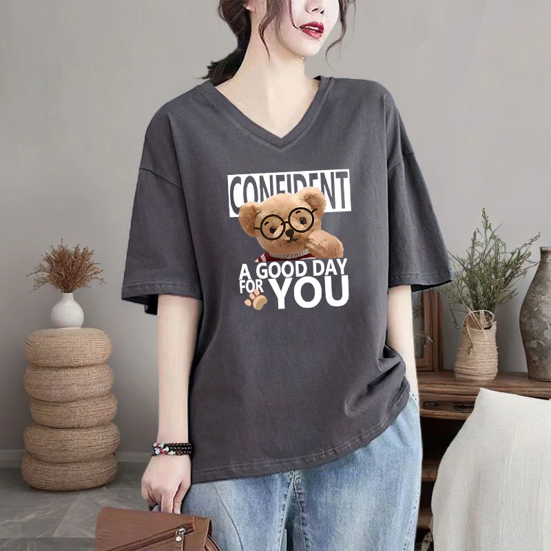 2025夏季半袖新款设计感薄款纯棉V领上衣女士宽松印花短袖大码t恤
