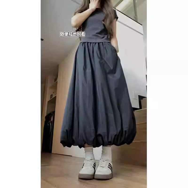 L-6XL码300斤特大码长裙中长裙夏季花苞裙韩版纯色半身裙显瘦黑色