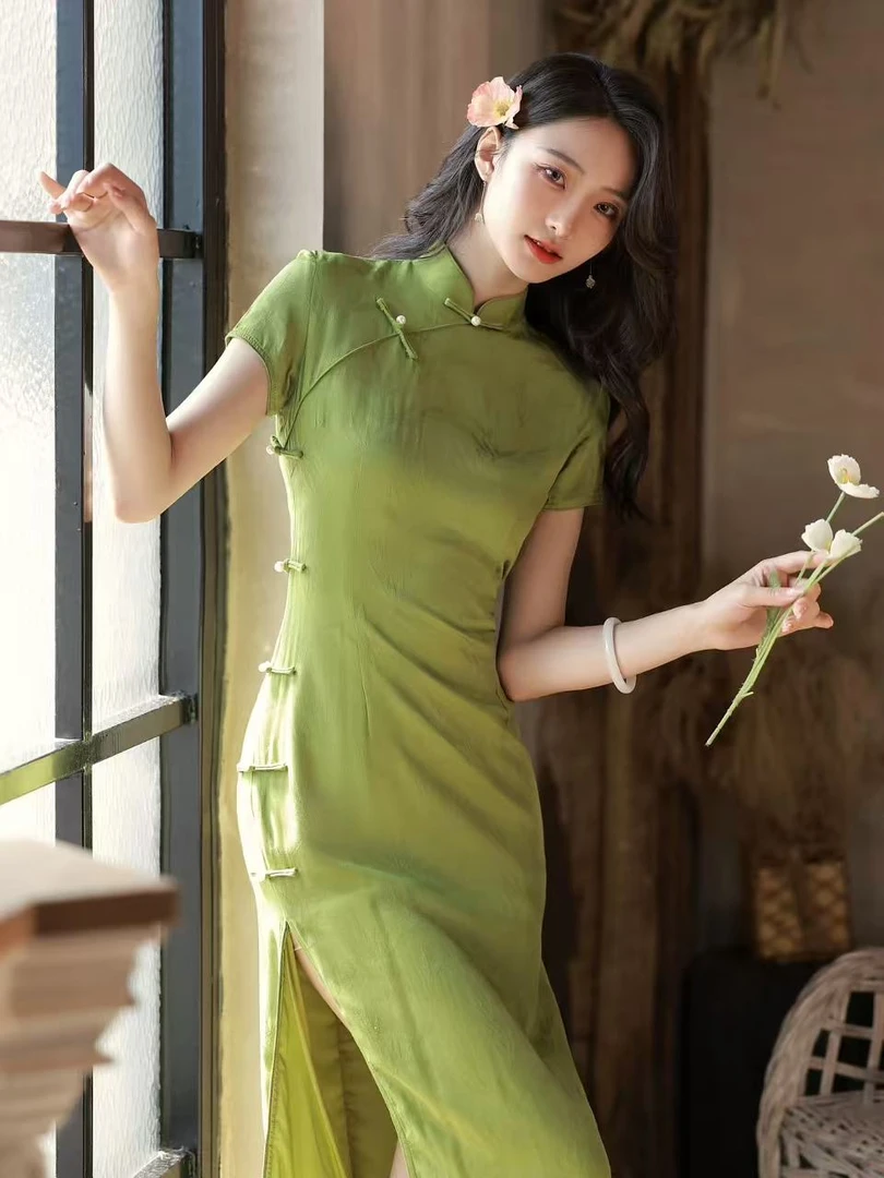 0114抹茶绿七扣【绿影竹】夏季旗袍高考