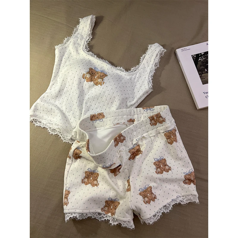 【蕾丝边波点小熊】韩系可爱睡衣女新款背心短裤家居服可外穿两件套