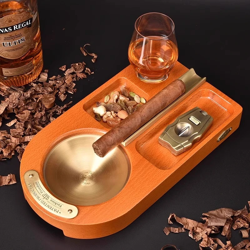 JIFENG季风威士忌酒杯雪茄剪打火机纯铜榉木实木雪茄烟灰缸套装