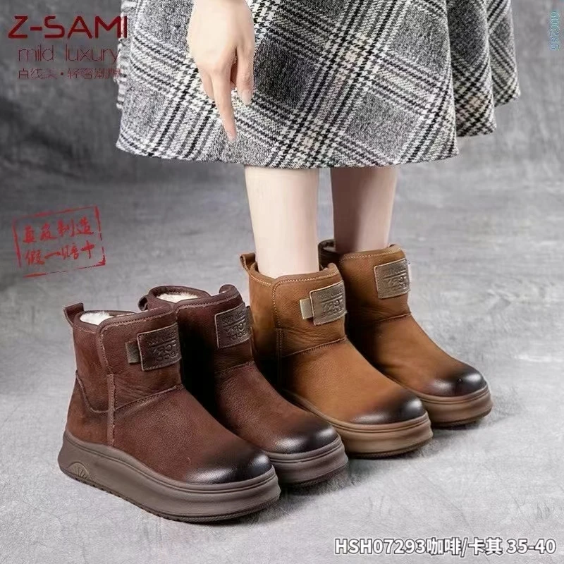 复古真皮雪地靴女冬季保暖加绒厚底棉鞋