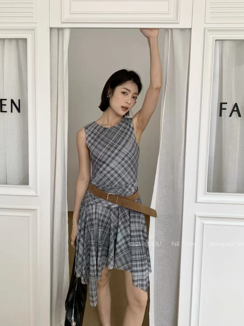 YIYOU@D26791 韩版不规则格子无袖显瘦百搭休闲背心裙 7-3