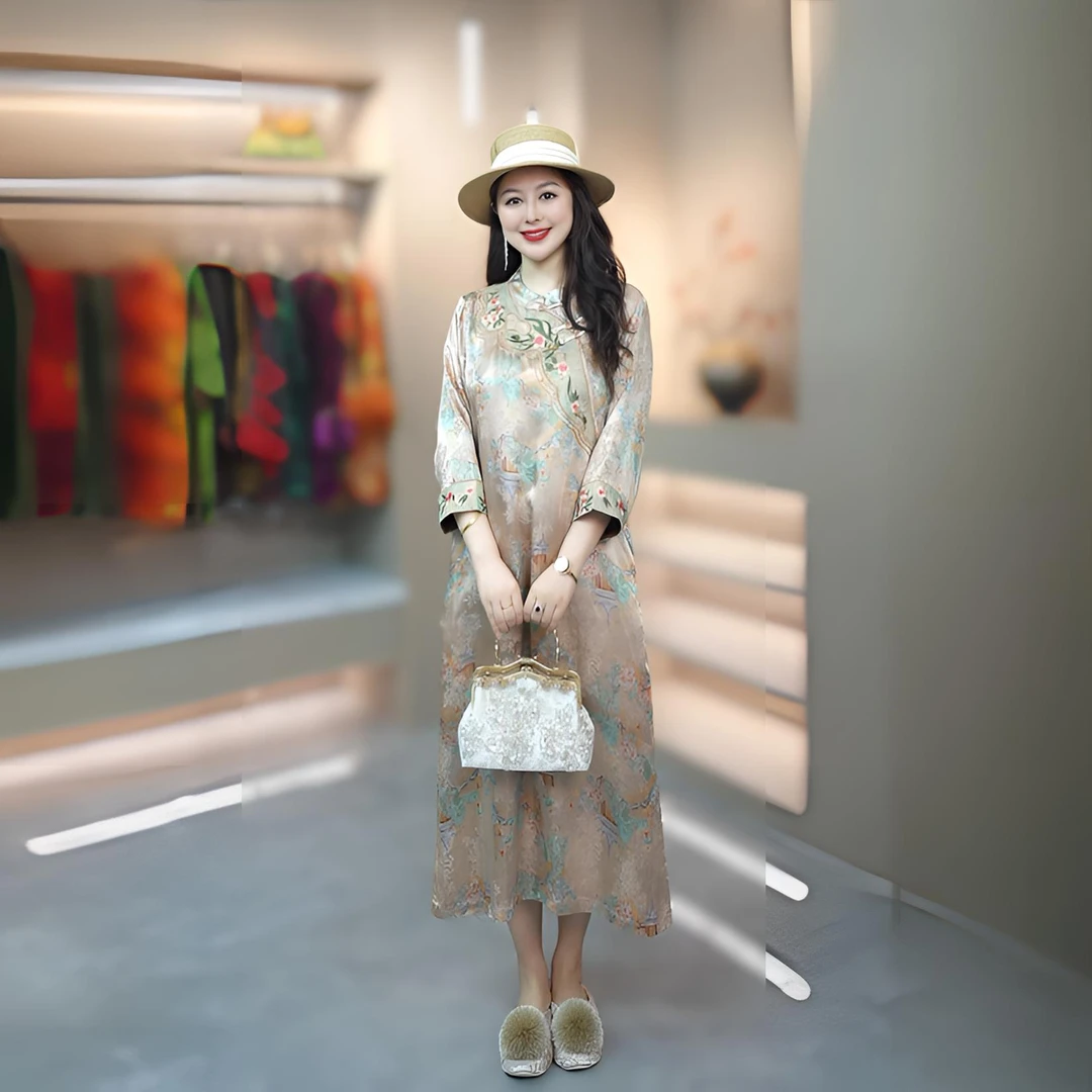 亭台楼阁新中式连衣裙宋锦新款百搭显瘦休闲长袖气质中长款中国风