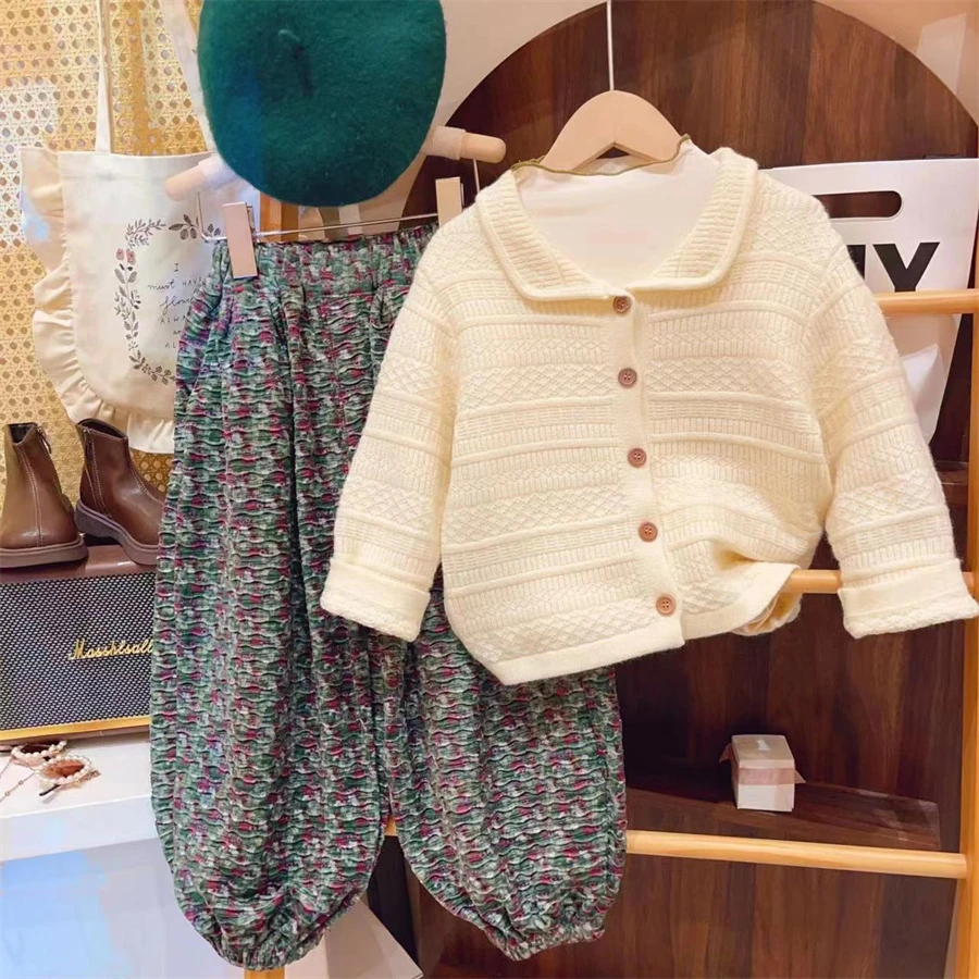 HHkids法式复古长袖毛衣外套碎花休闲裤套装童装秋三件套HTZ404