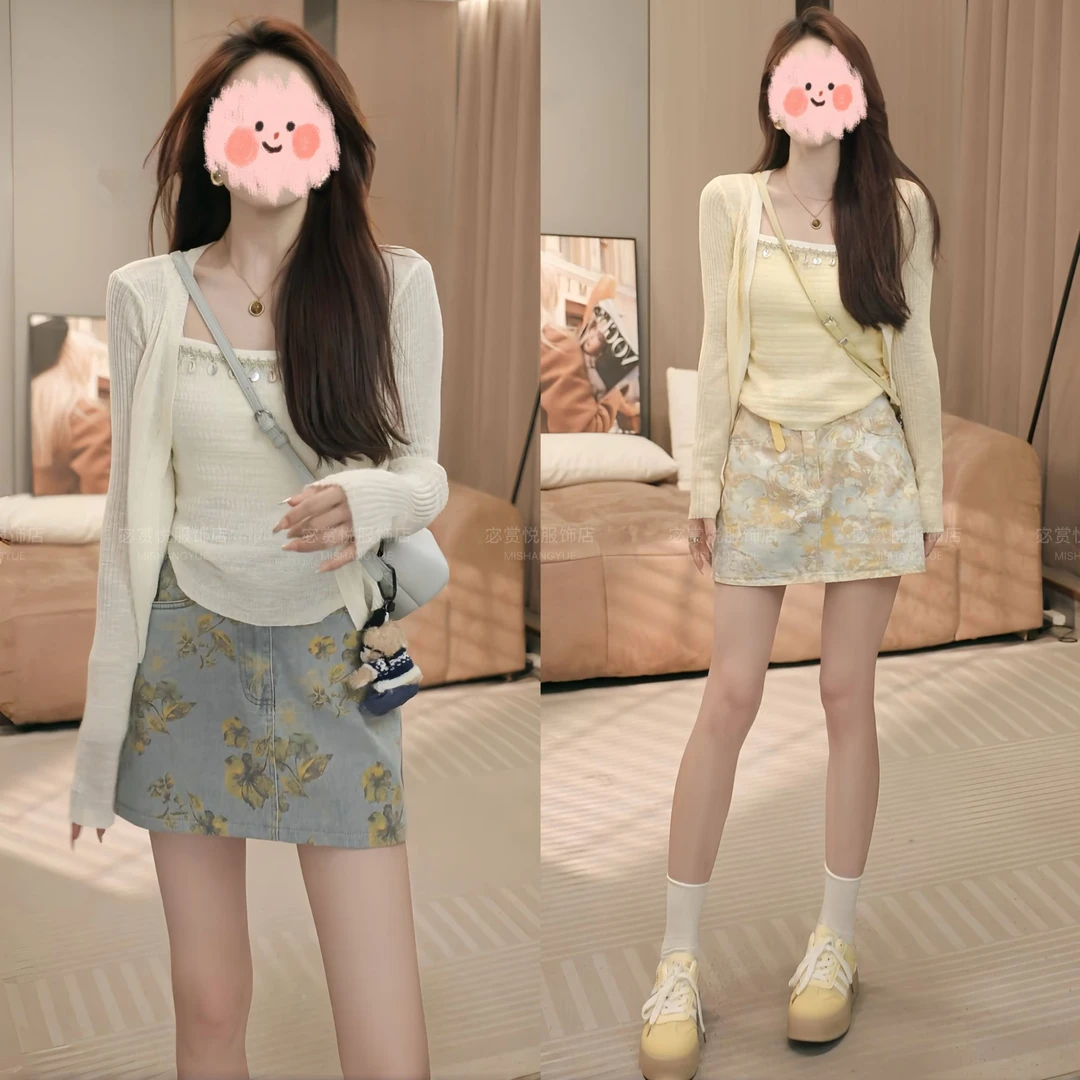 2025早秋新款韩版时尚休闲防晒针织衫两件套+印花短裙套装显瘦女