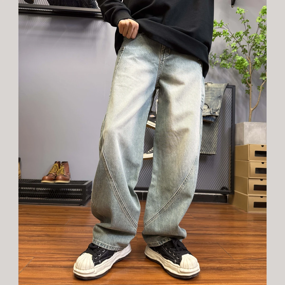 重磅水洗做旧立体怀旧蓝牛仔裤男潮牌宽松解构设计廓形弯刀裤9656