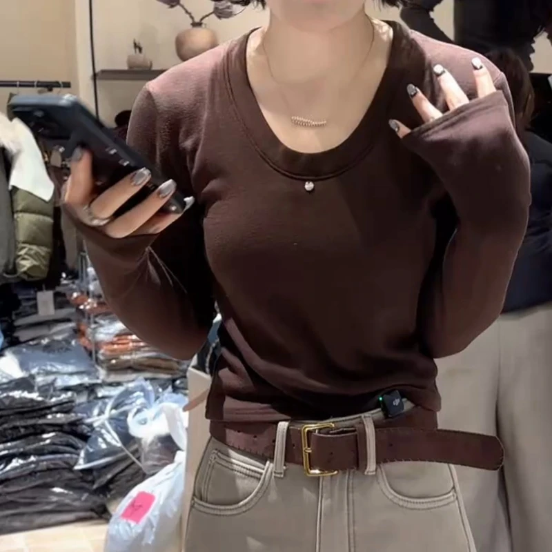 2025韩版冬季短款显瘦长袖鹅蛋领打底T恤上衣LK2507643