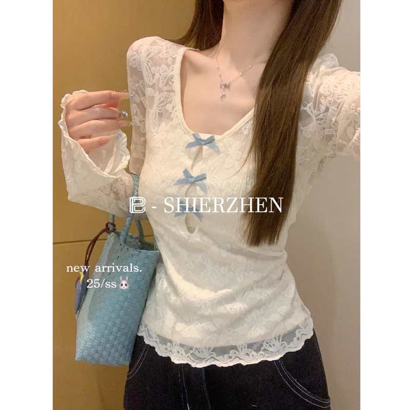 2025早春韩版纯欲两件套设计蕾丝设计感百搭修身长袖T恤上衣女
