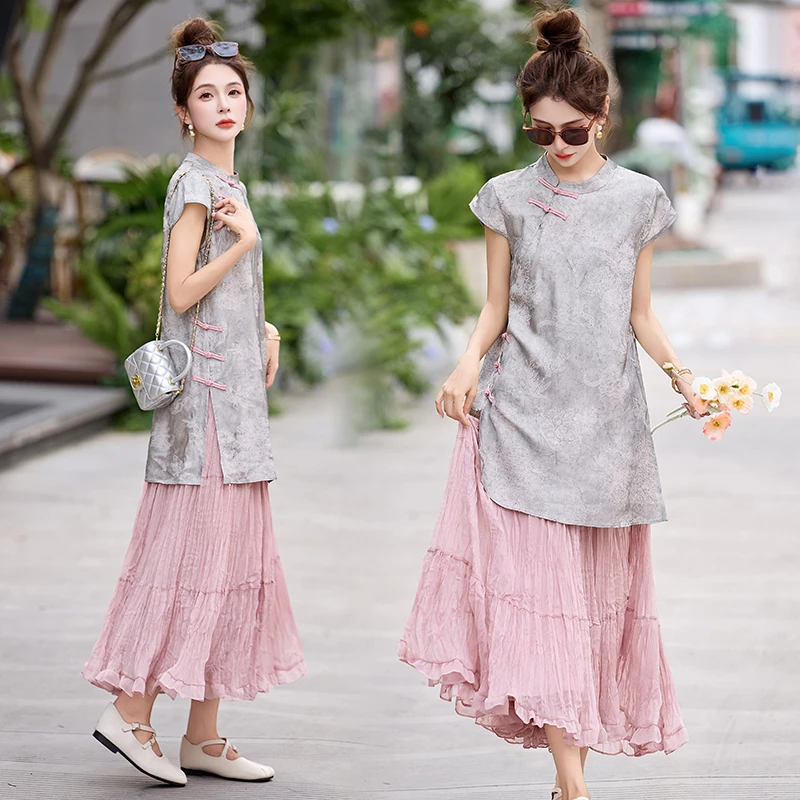 新中式国风提花套装夏季盘扣中长款开叉上衣复古褶皱半身裙两件套