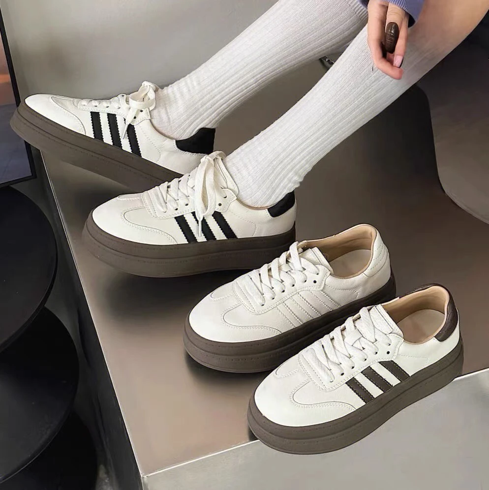 广州女鞋591-5头层牛皮真皮厚底拼色百搭休闲小白鞋运动德训女鞋