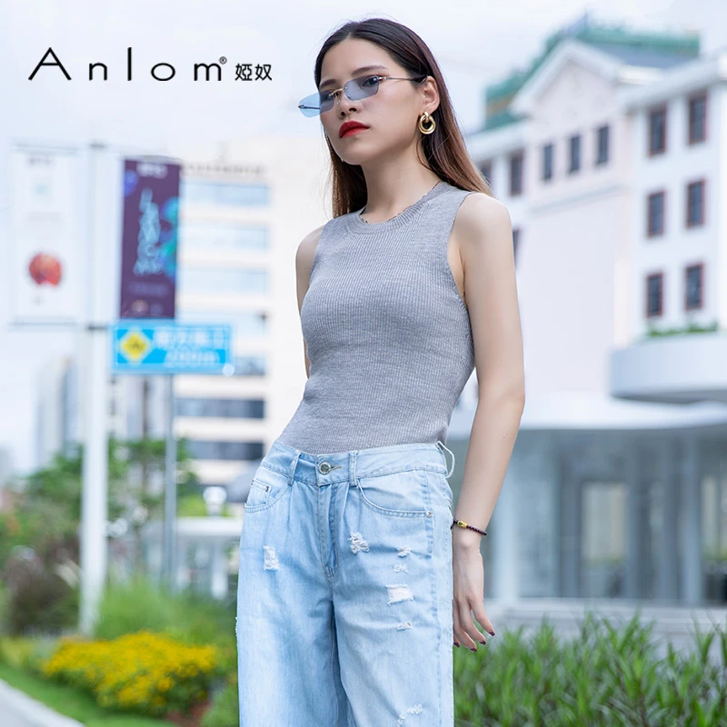 Anlom/娅奴背心女夏外穿夏季新款真丝修身显瘦圆领针织无袖上衣